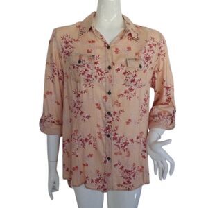 NOSTALGIA Blouse, S, Peach Floral, Tab sleeve, Lace-up back, Hi-low, Buttons